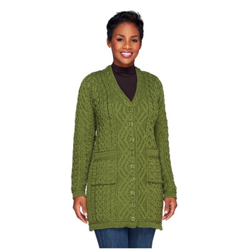 Aran Crafts Merino Wool Green Longline Button Boyfriend Cardigan Women's L QVC